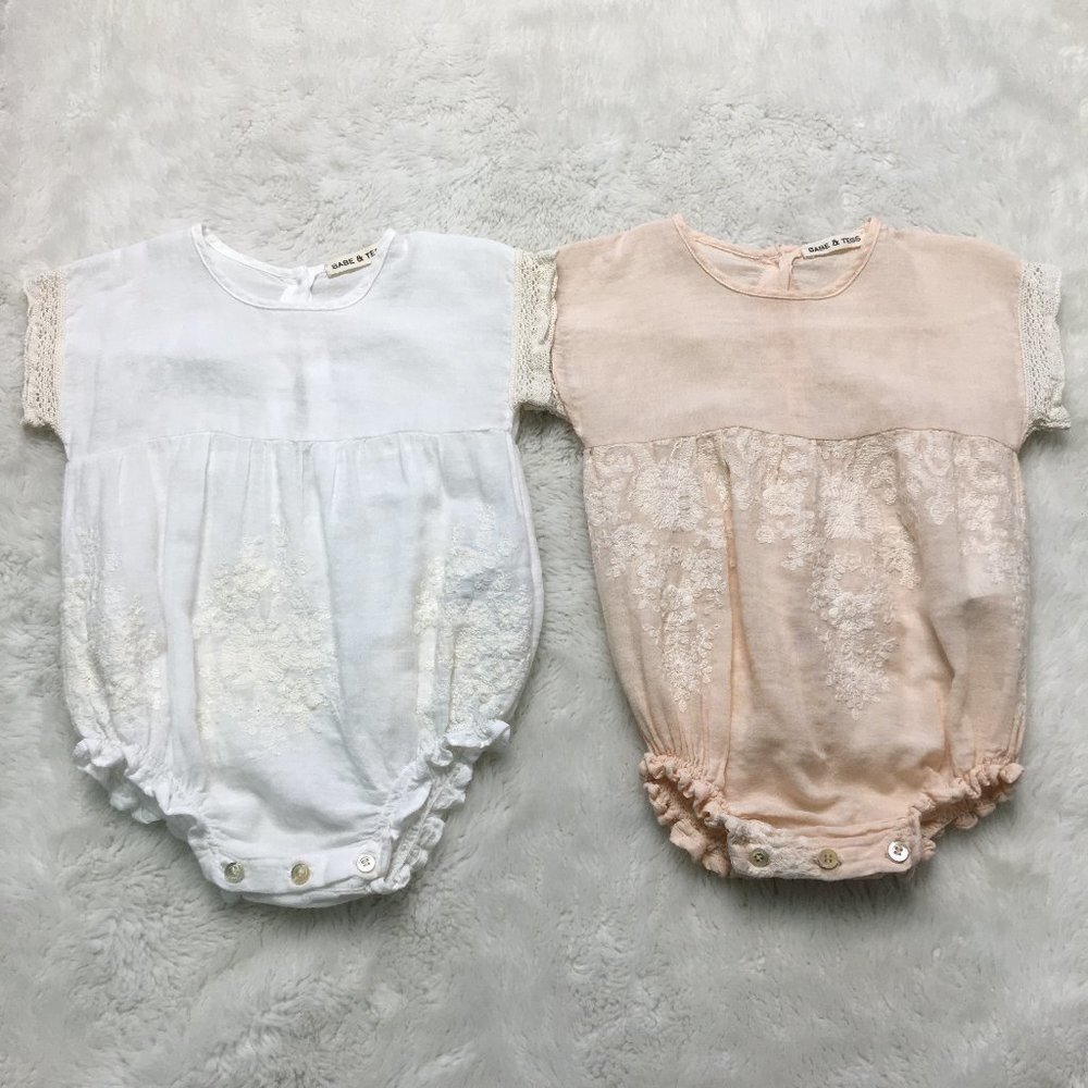 Babe & Tess Set of Two White and Peach Embroidered Onesies size 3 and 6 months